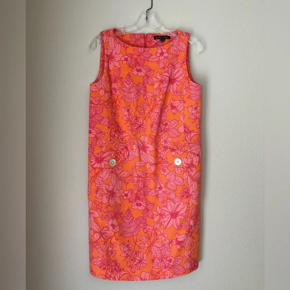 Brooks Brothers Women's Pink Orange Floral Print Zip Summer Shift Dress Sz 4 EUC - Picture 1 of 8